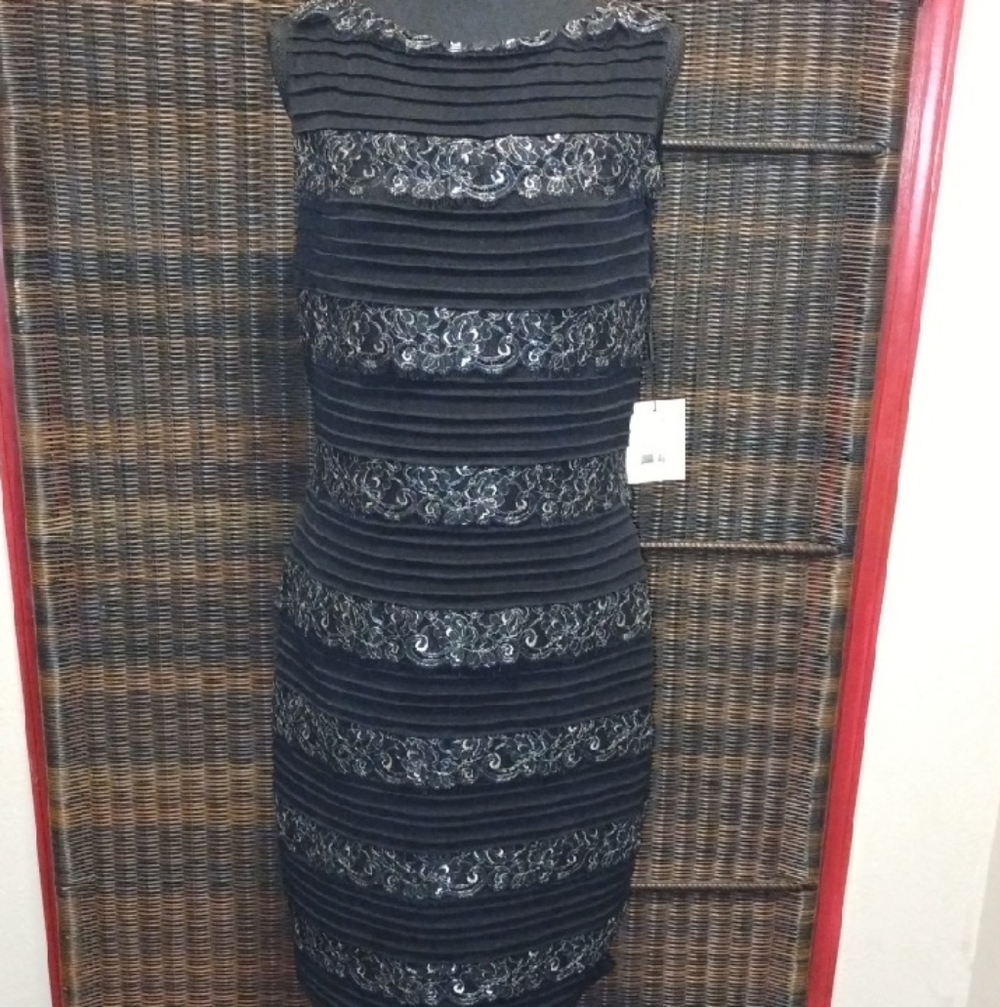Calvin Klein Black and Silver Striped Midi Dress